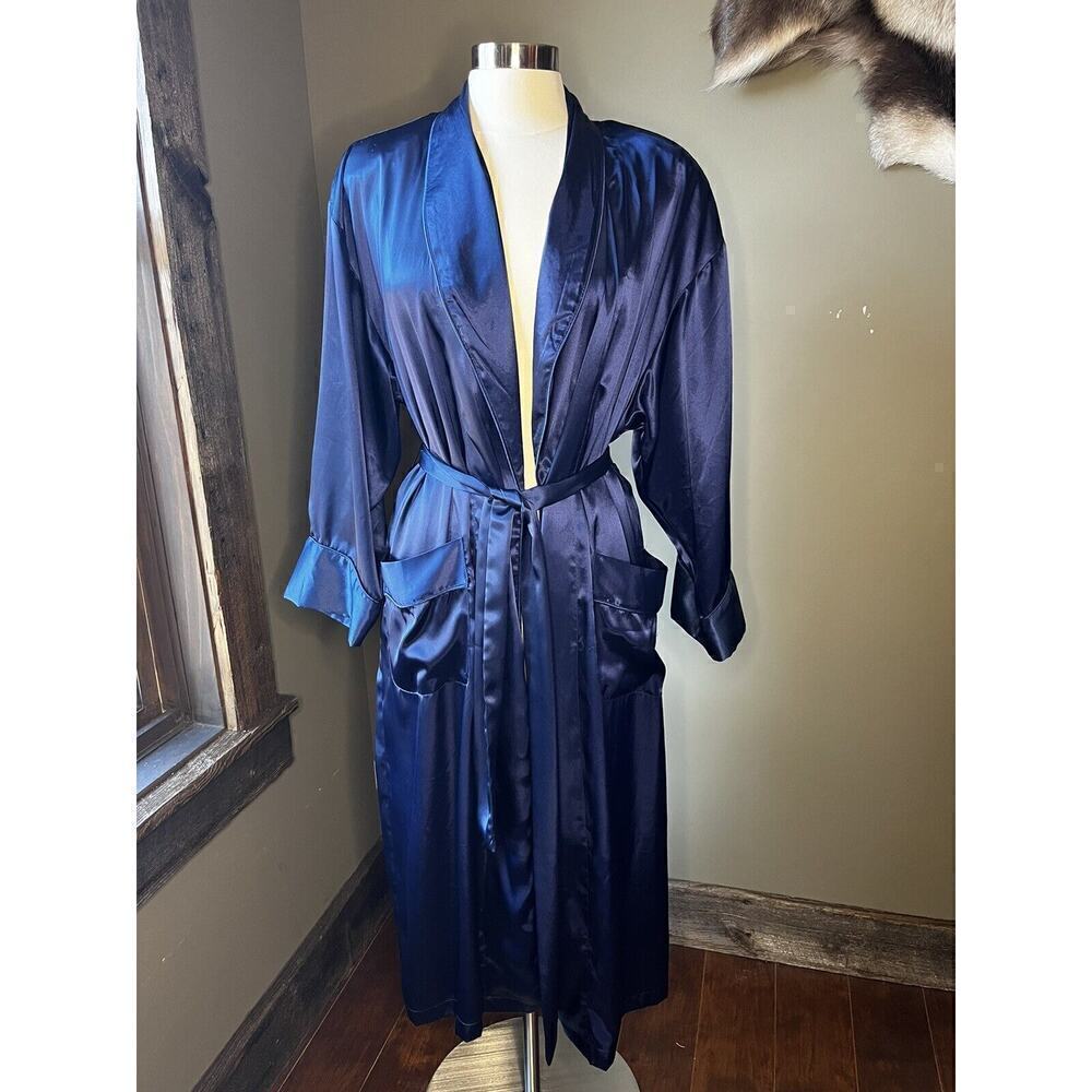 Vintage Victoria's Secret Gold Label Robe Dark Blue Crossover w Belt Pockets S